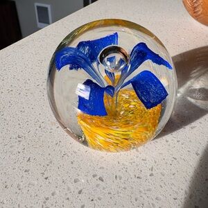 Vintage Murano Artistic Glass Paperweight with Blue and Yellow Design